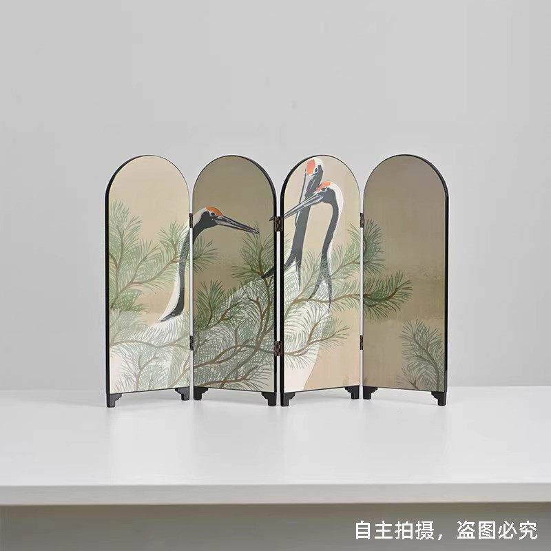 漆器仿古双面拱形松鹤小屏风桌面摆件礼盒装