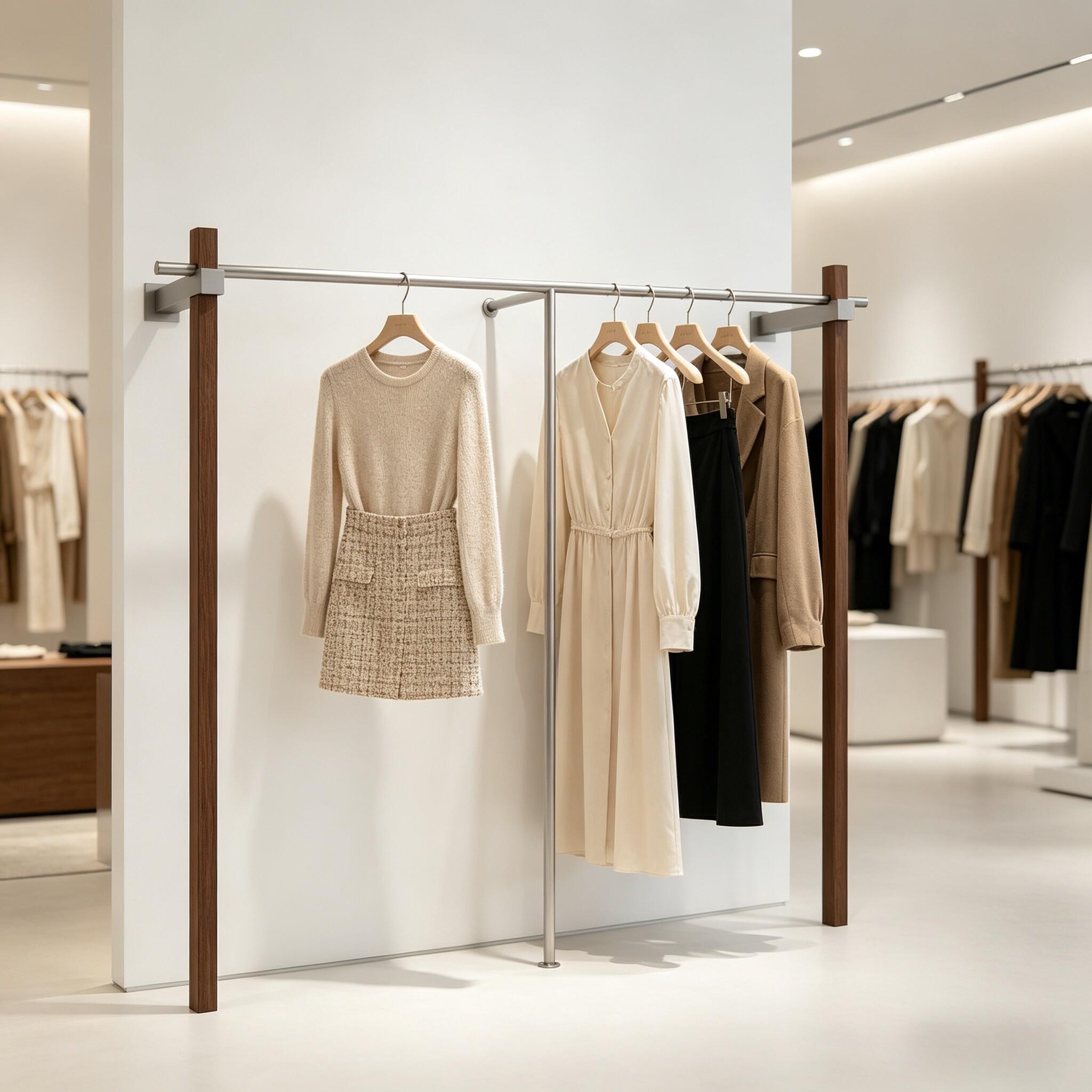 2026新款服装展示架上墙流行落地挂衣架子胡桃木色网红女装陈列架