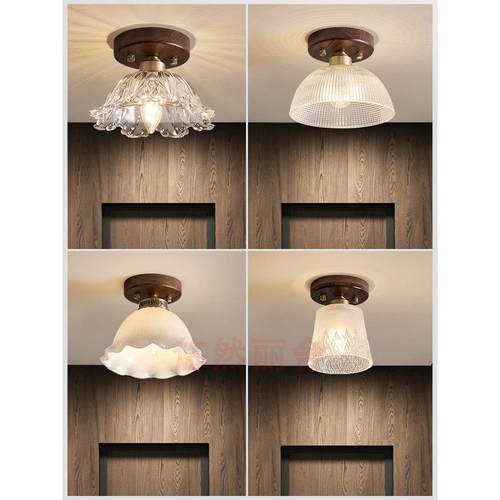 新中式覆古黑胡桃实木走廊过道小吸顶灯中古风楼梯阳台玄关灯具