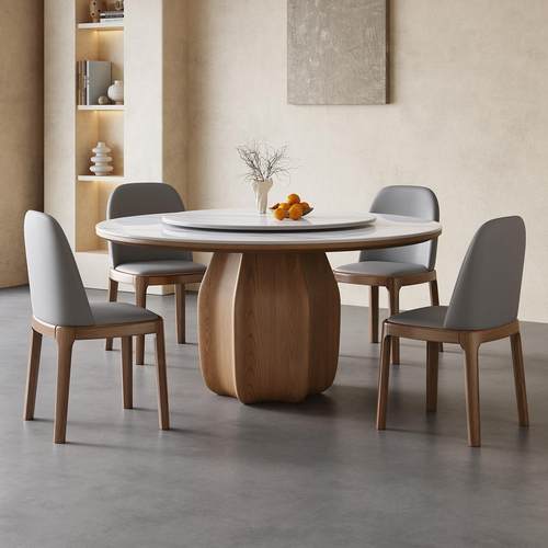 实木岩板餐桌椅组合家用小户型圆桌现代简约带转盘圆形吃饭桌子