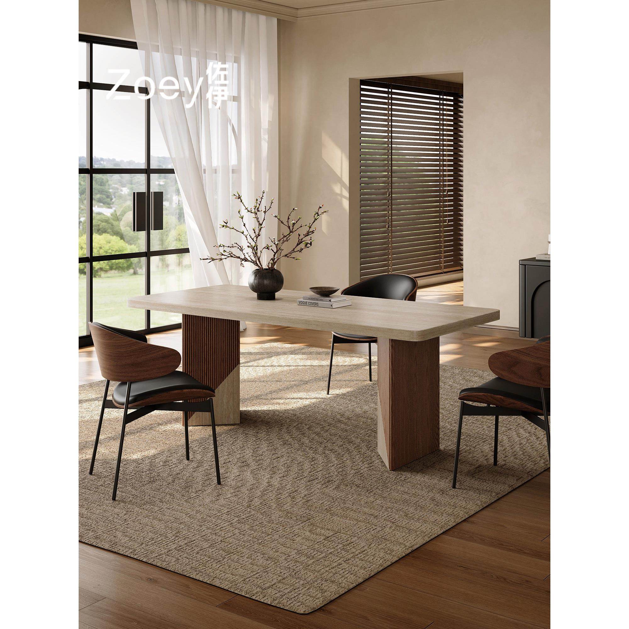 中古风洞石岩板餐桌椅高级感实木长方形桌子设计师侘寂复古风饭桌