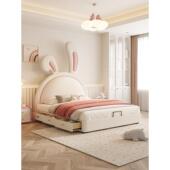 儿童床带抽屉床可爱兔子耳朵真皮床公主床实木女孩床现代简约网红