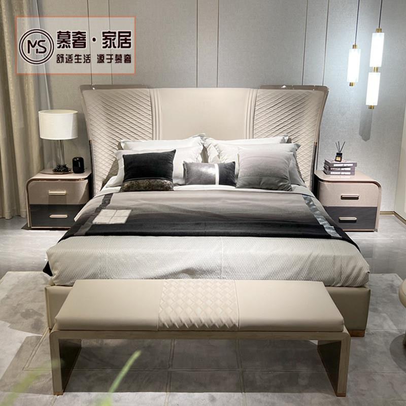 意式轻奢真皮床全实木双人床宾利风格婚床高端现代设计师款可定制
