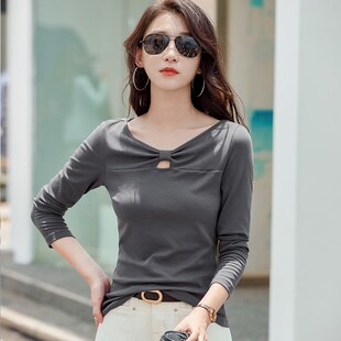 长袖枣红色t恤女装2024小个子春秋大码胖Nmm打底新款衫上衣服