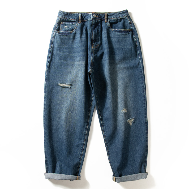 裤子男2023新款宽松休闲纯棉男裤美式复古水洗做旧破洞牛仔裤男潮