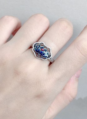 复古风镂空蓝莲花锁戒指环烧蓝景泰蓝工艺时尚简约百搭活口可调节