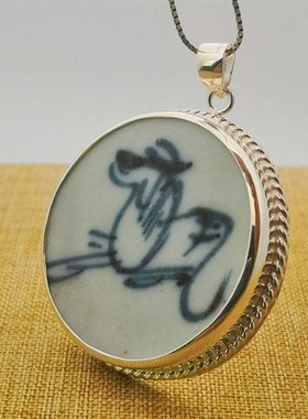 古董明清青花老瓷片吊坠首饰旗袍项链复古中国风个性镶嵌纯银手工