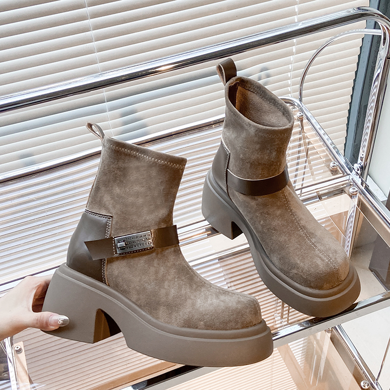 高跟短靴女2025秋冬新款粗跟厚底马丁靴高级感套筒气质Y弹力瘦瘦