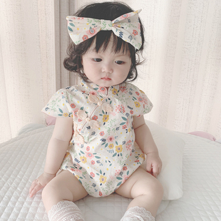 婴儿旗袍夏季薄款连体衣超萌公主满月衣服女孩宝宝夏装包屁衣百天