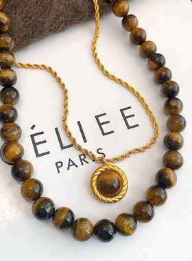 天然虎眼石美拉德叠戴毛衣链女麻花项链复古串珠锁骨链法式小众潮