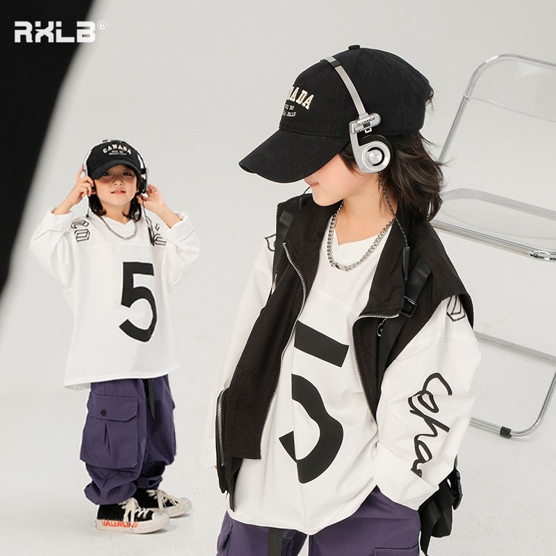 纯棉白色儿童字母长袖t恤男童春装薄打底衫V领体恤潮童装套头上衣