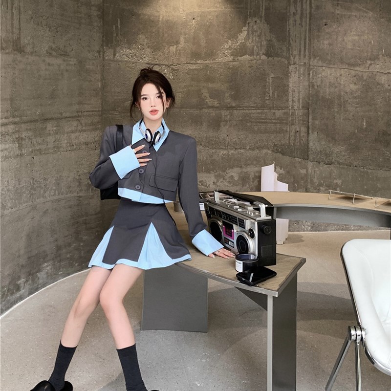 韩版气质高级感套装女春季撞色拼接短款西装外套+半身裙两件套女