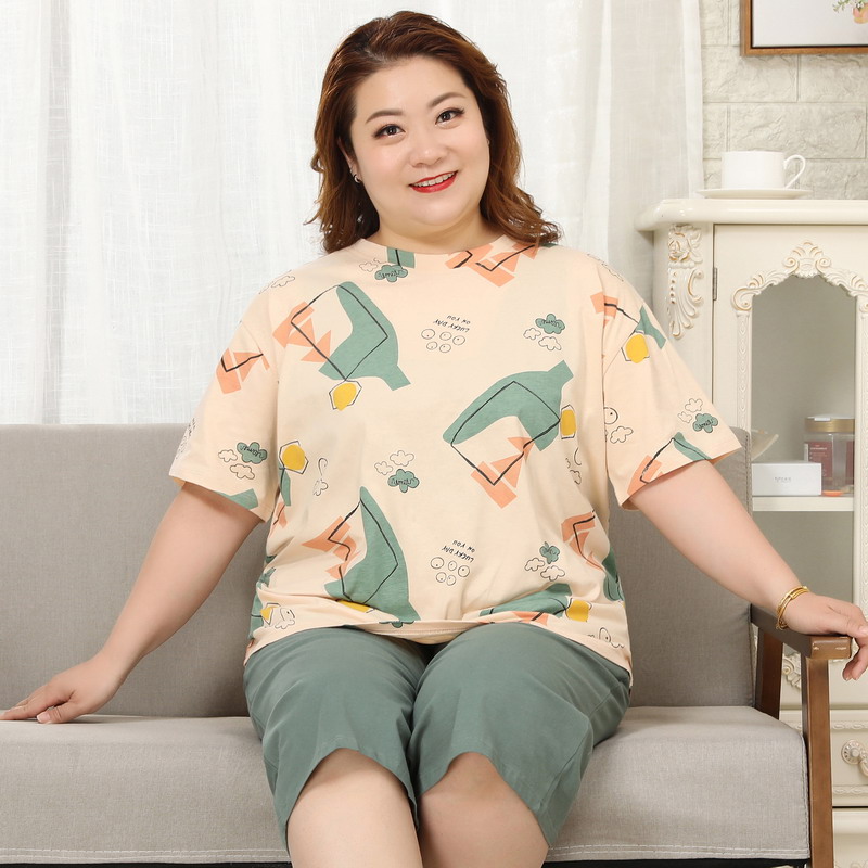 大码女夏季纯棉短袖七分s裤加肥加大码胖人家居服套装200斤睡衣
