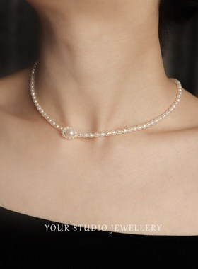 多种戴法!法式极小天然珍珠项链花朵珍珠扣锁骨链优雅宫廷少女感