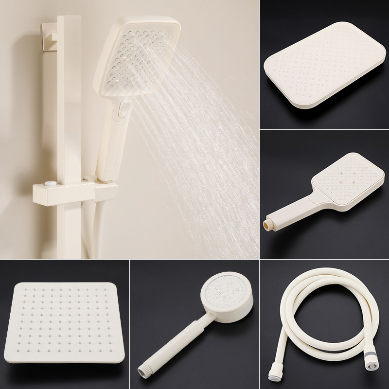 奶油白增压淋浴花洒顶喷 家用不锈钢手持喷头 手喷莲蓬头PVC软管