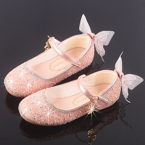 女童鞋子2021春季新款小女孩公主鞋银色水晶鞋软底儿童走秀演出鞋