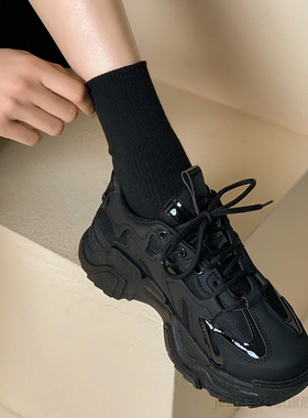 黑色老爹鞋女款2024r新款爆款鞋子女厚底秋季女士高级休闲运动鞋