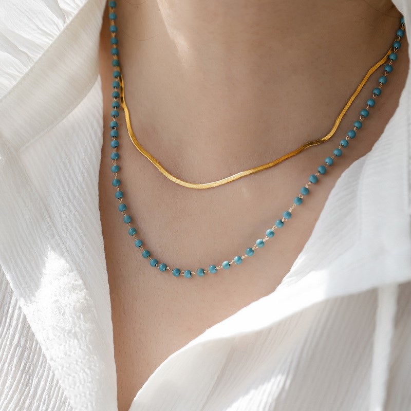 不掉色小众串珠设计双层叠戴蓝松石蛇骨项链女锁骨链毛衣链礼物