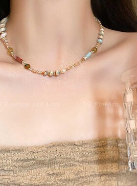 民族风彩色琉璃米珠串珠项链锁骨链女2024新款新中式复古小众配饰