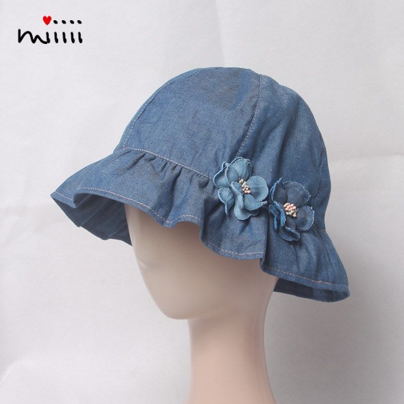 女童帽子春夏薄款纯棉牛仔遮阳防晒花朵小孩儿童女宝宝宽沿渔夫帽