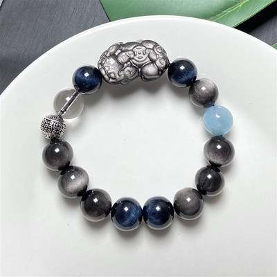 天然银耀石貔貅手串男女款黑耀石手链情侣款一对本命年生日礼物