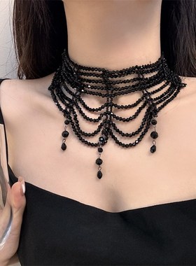 黑色串珠长款配饰颈链复古轻奢项链3新款女