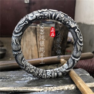 999纯银手镯龙抱柱祥云银手镯手工男士 霸气银手镯圆柱龙纹银手镯