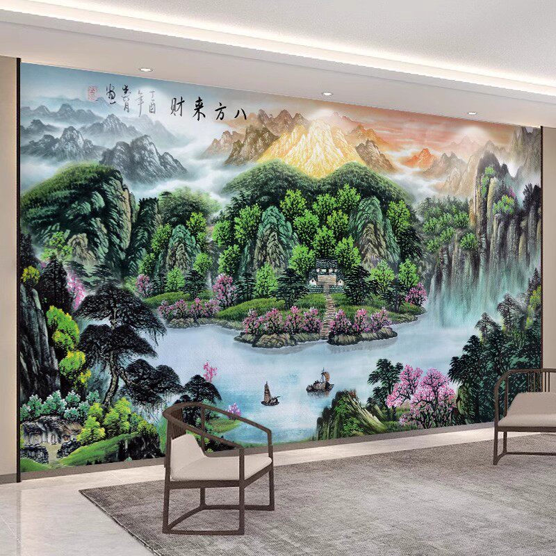8d墙板现代流水集成生财电视中式竹木山水画背景墙纤维客厅墙影视