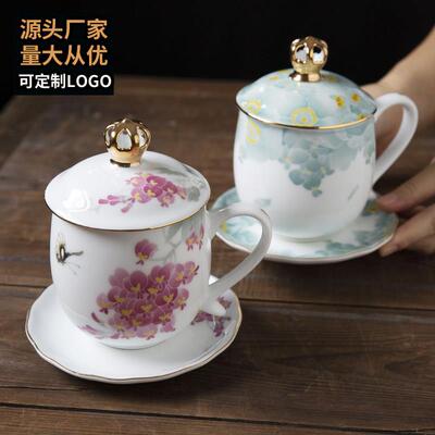 湘醴窑醴陵陶瓷茶杯办公杯带盖子带碟釉下彩会议杯礼品杯礼盒装定