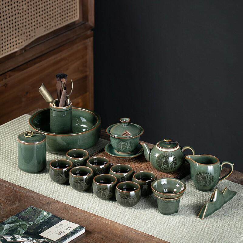 龙泉青瓷哥窑功夫茶具办公室专用套装家用轻奢陶瓷茶壶杯整套礼盒