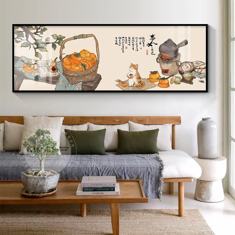 柿子新中式客厅沙发背景墙挂画竹子寓意好荷花鱼大尺寸餐厅装饰画