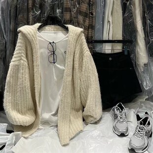 毛衣大外套 秋冬新品 气e质简约慵懒休闲宽松连帽中长款 针织衫 开衫