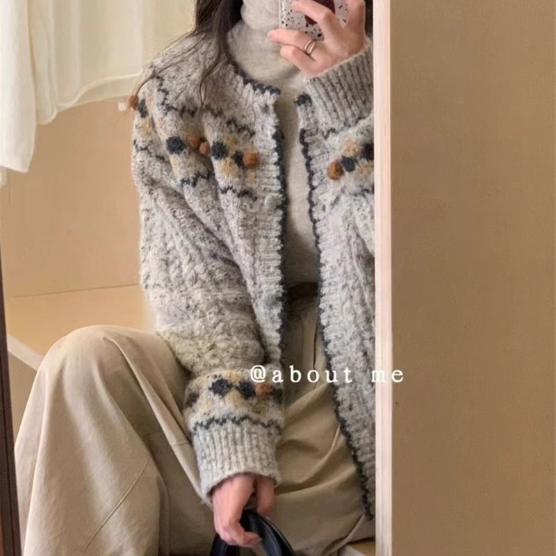 重工古着费尔岛毛衣外套女秋冬软糯慵F懒风针织开衫设计感森系上