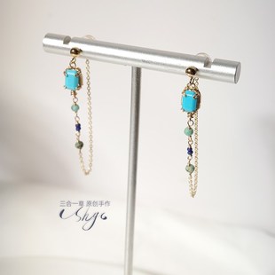 松痕两戴天然蓝松石绿松石12月生辰石礼物包金复古耳钉耳环