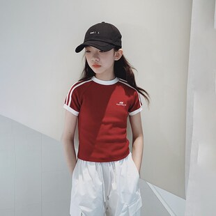 女大童短袖t恤2025夏季新款初中生复古运动短款上衣青少年夏装潮