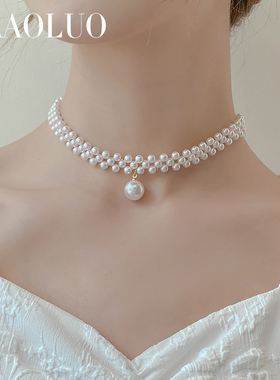 项链女锁骨链合成珍珠颈链短款2021年新款潮网红新娘法式复古简约