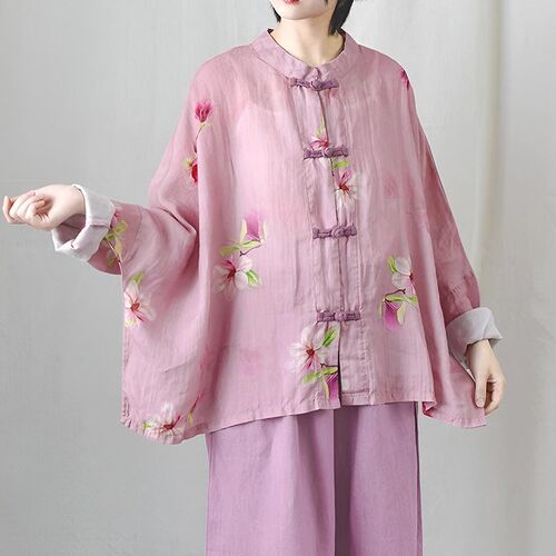 春夏季新中式民族风苎麻印花开衫C上衣文艺复古对襟盘扣衬衫晾晒