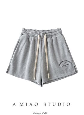字母刺绣裤d脚开叉抽绳松紧腰宽松运动短裤夏季新款女高腰休闲热