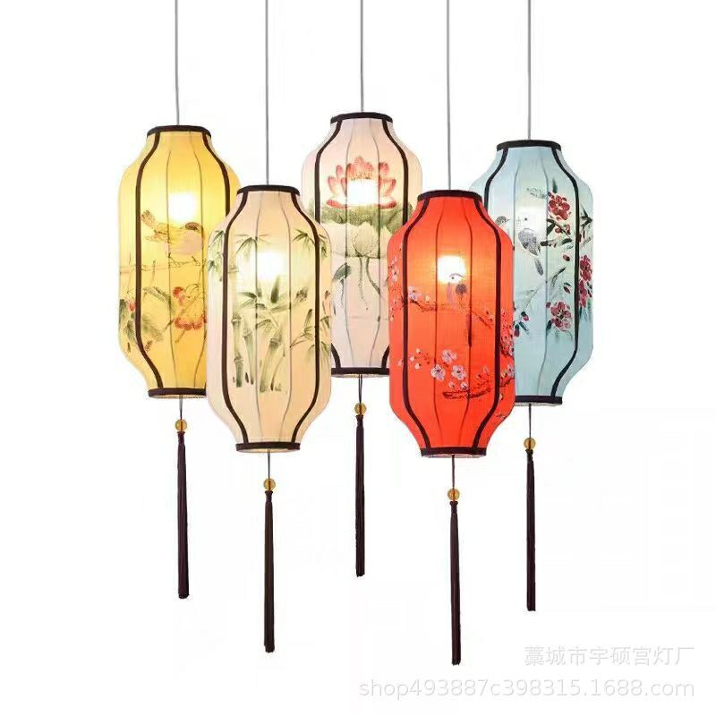 新中式布艺仿古手绘长灯笼火锅店茶楼酒店装饰创意铁艺吊灯餐厅