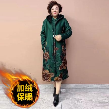 冬季加绒加厚外套时尚中老年妈妈装连帽宽松大码T中长款连衣裙套