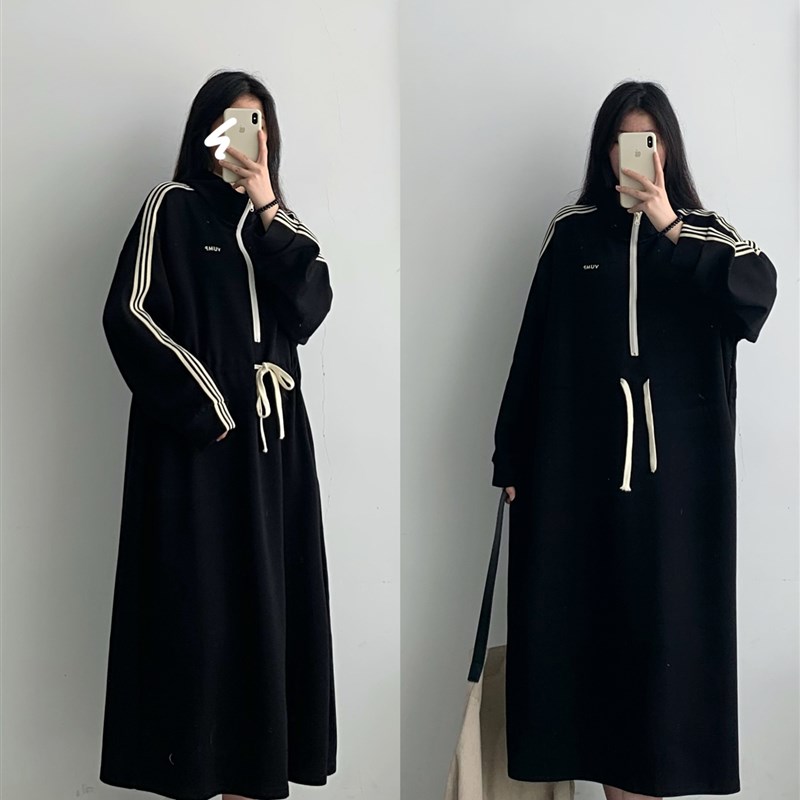 长款立领卫衣裙女2024t春秋新款高级感可调节收腰显瘦大码连衣裙