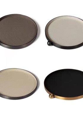 欧式创意金属皮h革单点圆珠编织纹托盘摆件客厅玄关餐厅家居装饰