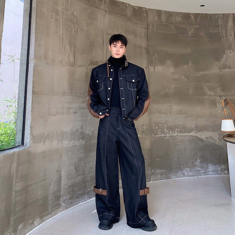 秋冬加厚牛仔拼接撞色PU皮立领夹克男套装高级感阔腿裤长裤两件套,男装,时尚套装,淘宝优惠券,粉丝福利购,淘宝优惠卷