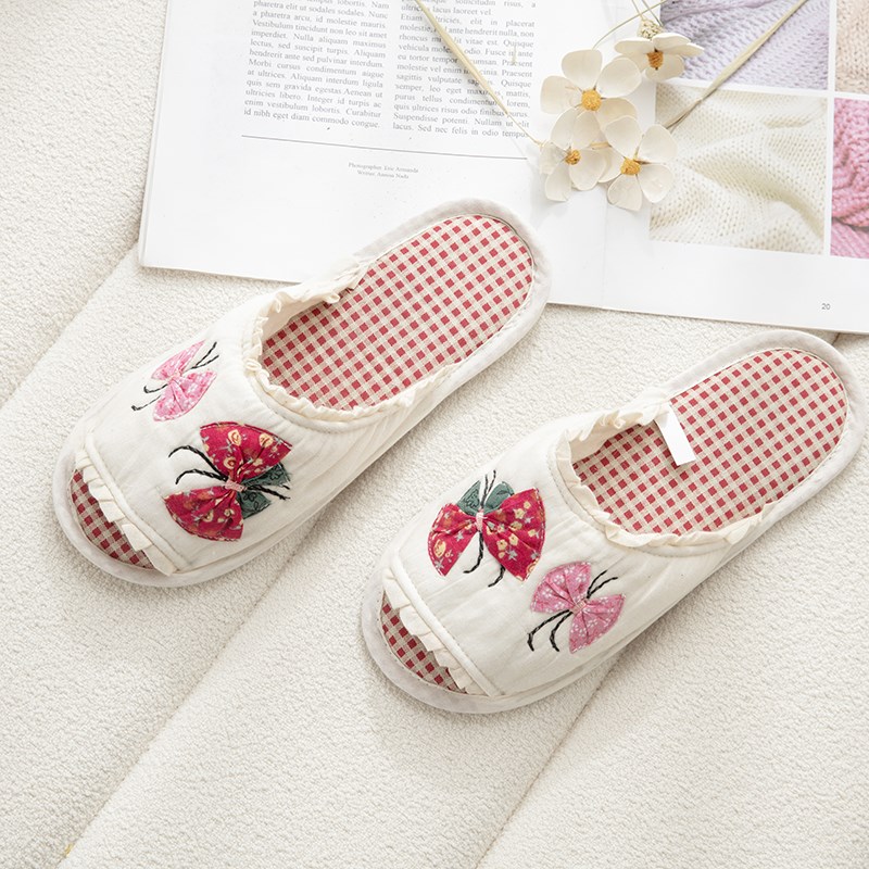 全棉布艺女士居家拖鞋室内u防滑软底静音木地板鞋可机洗纯手工制