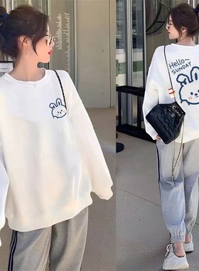 纯棉白色宽松卫衣女2023秋季新款粉色多L巴胺圆领套头时尚卡通上