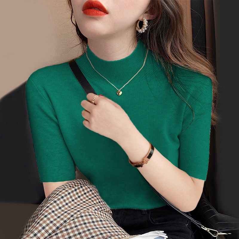 墨绿色五分袖针织衫女春秋冬季毛衣百搭半高领中S袖打底衫大码上