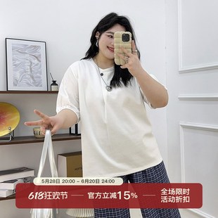 纯棉上衣胖mm显瘦打褶圆领打底衫 大码 正肩t恤夏季 设计感短袖 女装