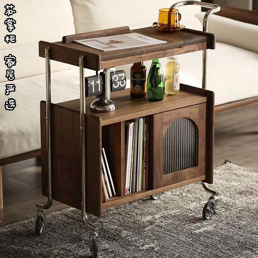 轻奢北美黑胡桃木实木边几可移动茶几客厅沙发边柜收纳茶水柜茶车
