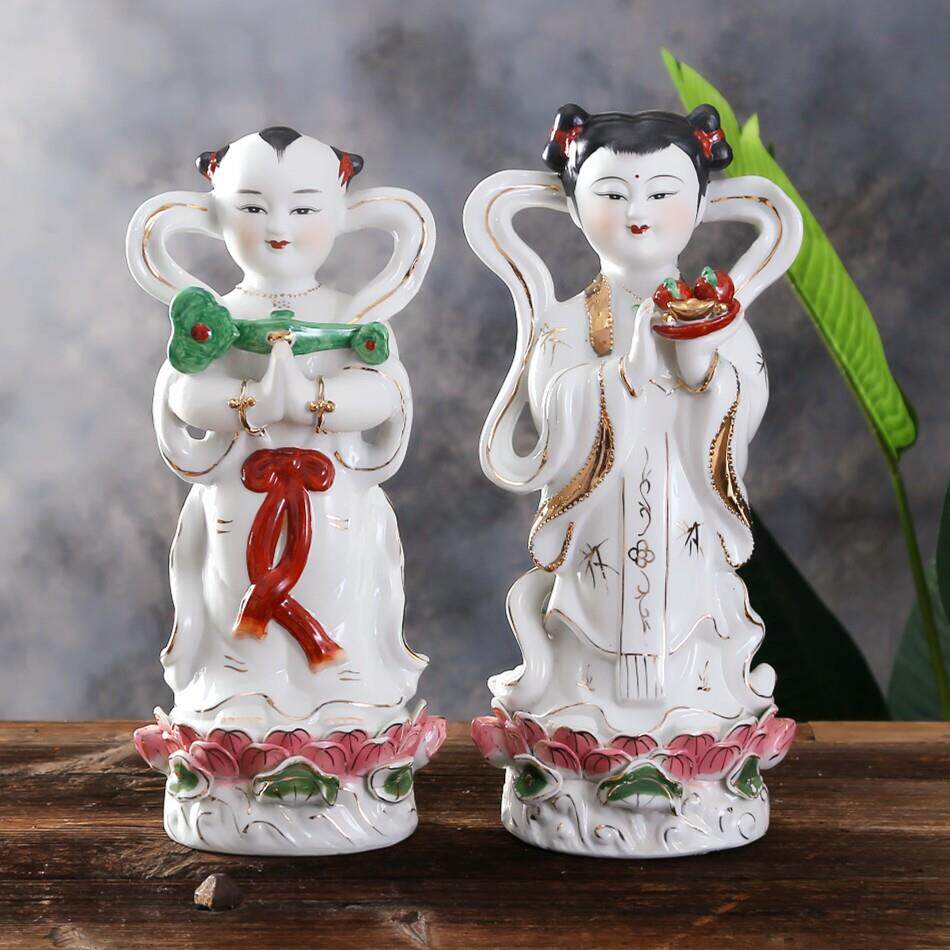 金童玉女饰品结婚礼品观音好钱童子龙女陶瓷佛像饰品