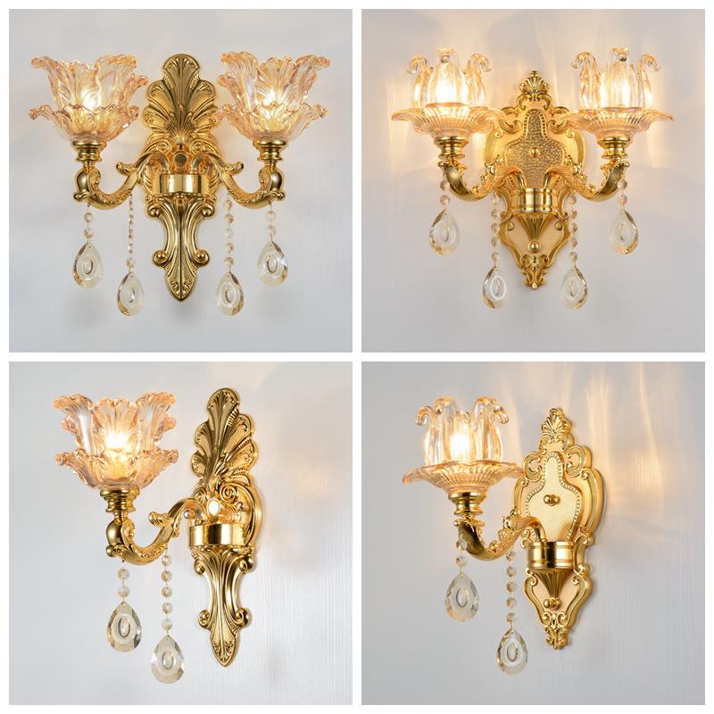 欧式金色蜡烛水晶壁灯卧室简约床头灯双头客厅背景墙过道楼梯壁灯